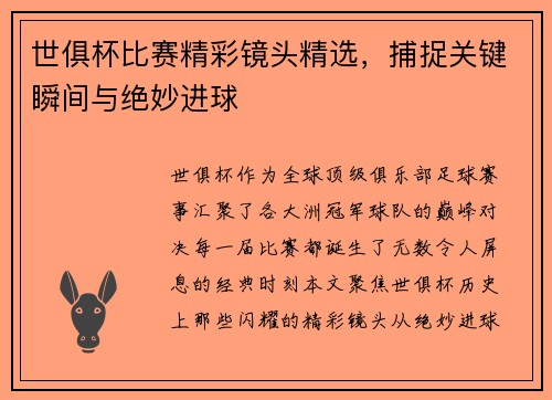 世俱杯比赛精彩镜头精选，捕捉关键瞬间与绝妙进球