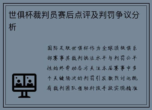 世俱杯裁判员赛后点评及判罚争议分析