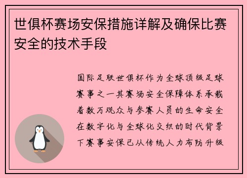 世俱杯赛场安保措施详解及确保比赛安全的技术手段