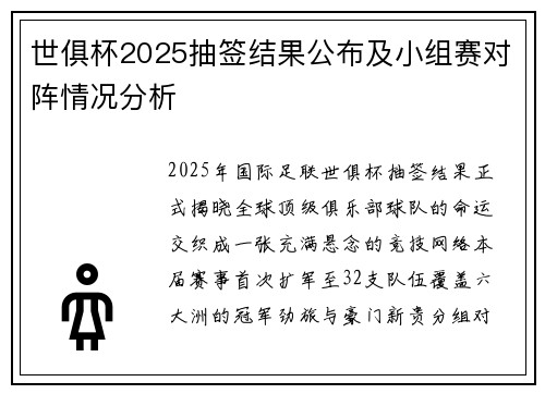 世俱杯2025抽签结果公布及小组赛对阵情况分析