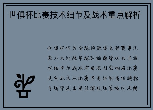 世俱杯比赛技术细节及战术重点解析