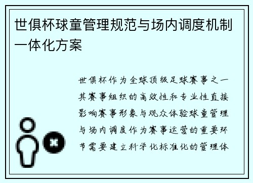 世俱杯球童管理规范与场内调度机制一体化方案